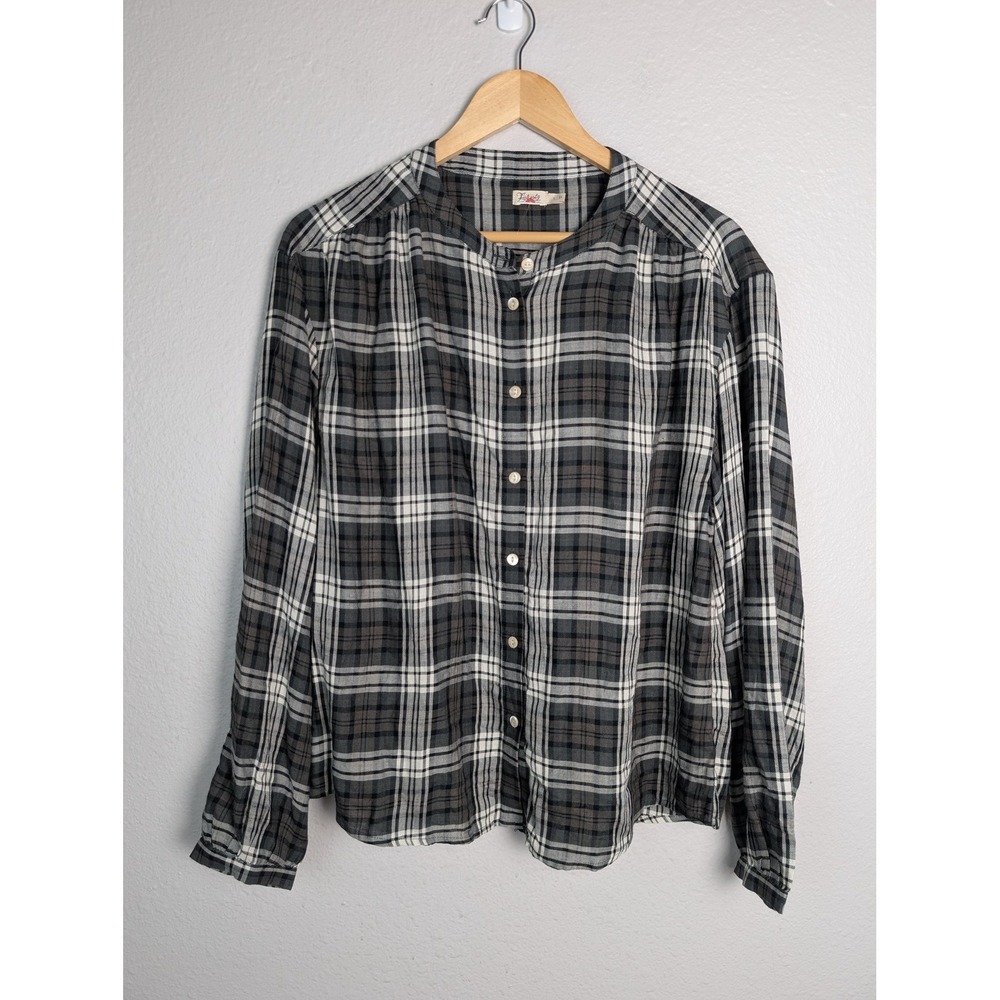 Faherty Button-Up Womens L Gray Plaid Collared Long Sleeve Lightweight